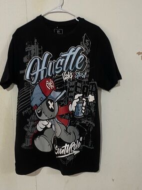 South Pole Black Hustle Graphic Tee with Red & Light Blue Accents